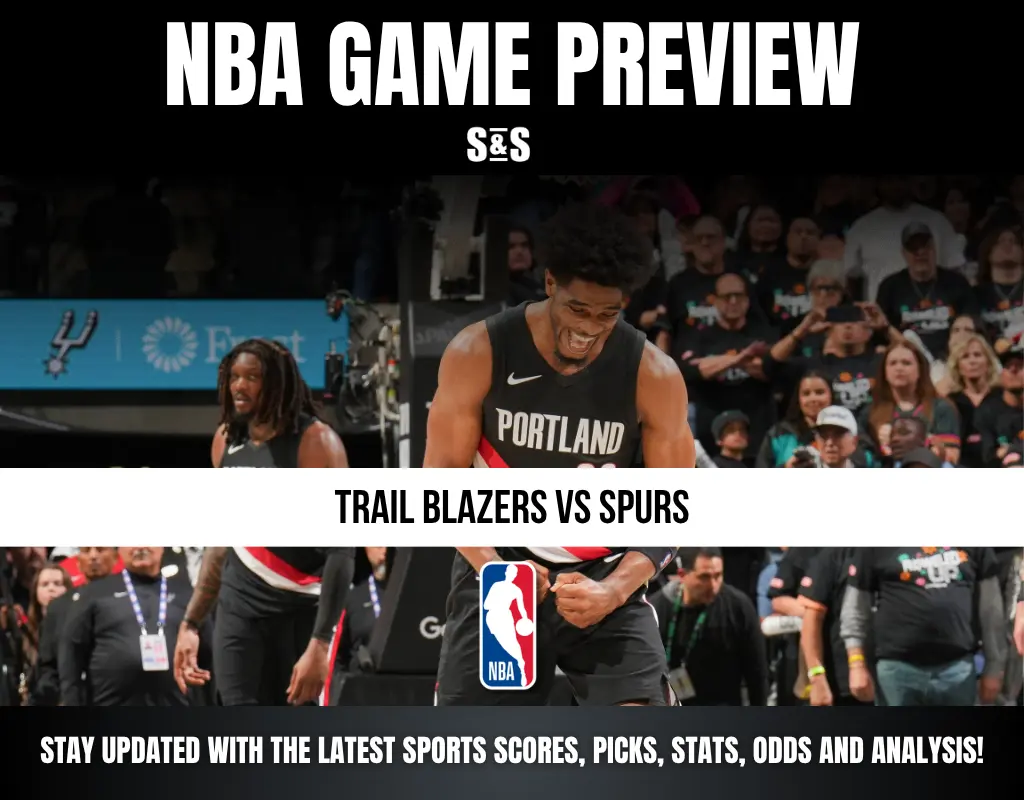 NBA game preview for Trail Blazers vs Spurs with players celebrating and fans in the background, featuring the NBA logo.