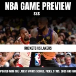 NBA game preview graphic featuring Rockets vs Lakers with players in action and a packed crowd in the background.