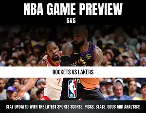 NBA game preview graphic featuring Rockets vs Lakers with players in action and a packed crowd in the background.