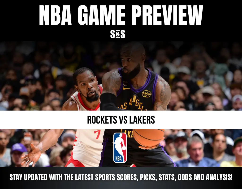 NBA game preview graphic featuring Rockets vs Lakers with players in action and a packed crowd in the background.