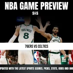 NBA game preview for 76ers vs Celtics featuring players high-fiving, with text promoting scores, picks, stats, odds, and analysis.