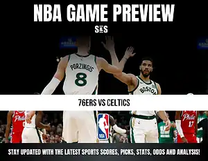 NBA game preview for 76ers vs Celtics featuring players high-fiving, with text promoting scores, picks, stats, odds, and analysis.