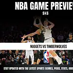NBA game preview graphic featuring the matchup between the Nuggets and Timberwolves, with a focus on updates for sports scores, picks, stats, odds, and analysis.