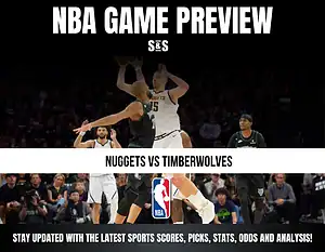 NBA game preview graphic featuring the matchup between the Nuggets and Timberwolves, with a focus on updates for sports scores, picks, stats, odds, and analysis.