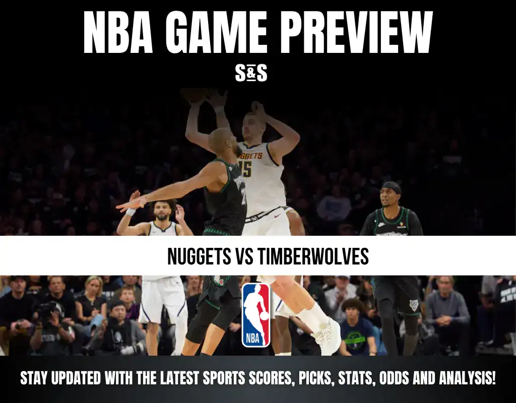 NBA game preview graphic featuring the matchup between the Nuggets and Timberwolves, with a focus on updates for sports scores, picks, stats, odds, and analysis.