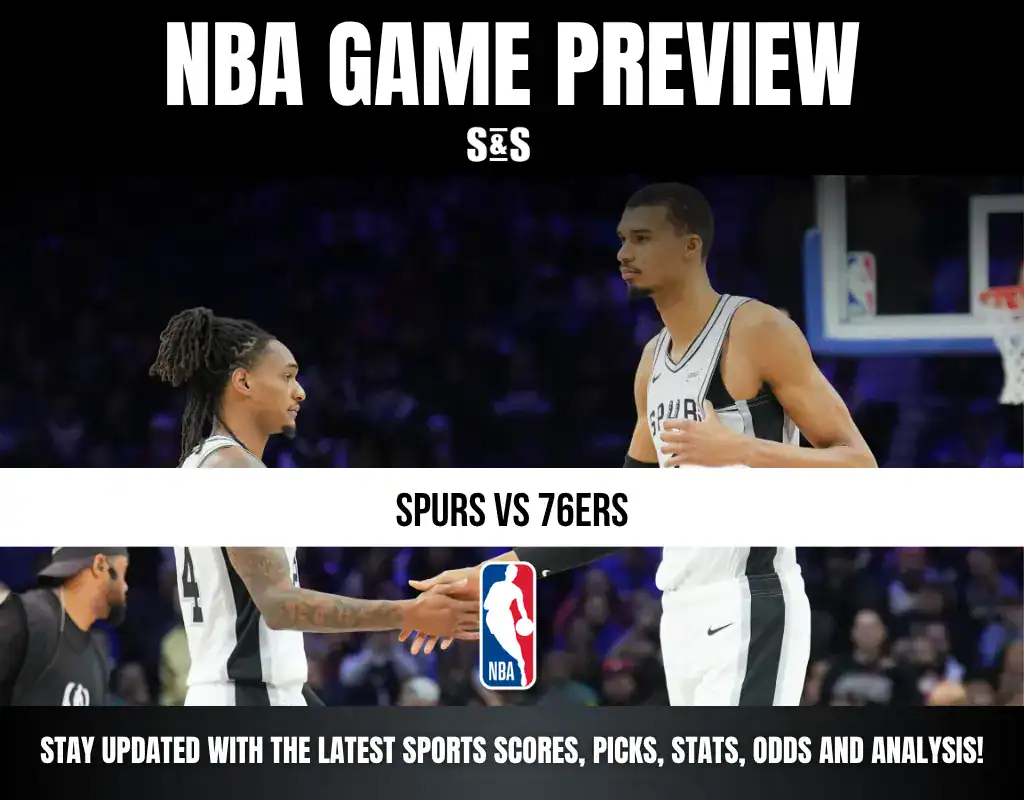 NBA game preview poster featuring a matchup between the Spurs and 76ers.