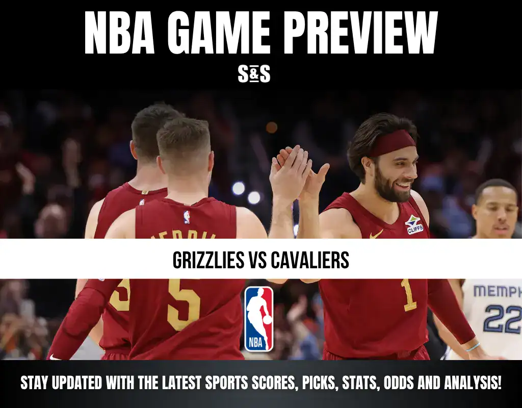 NBA game preview featuring a matchup between the Grizzlies and Cavaliers, with players celebrating.