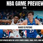 NBA Game Preview featuring Magic vs Pistons, with text encouraging viewers to stay updated with the latest sports scores, picks, stats, odds, and analysis.
