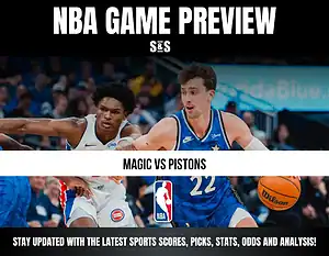 NBA Game Preview featuring Magic vs Pistons, with text encouraging viewers to stay updated with the latest sports scores, picks, stats, odds, and analysis.