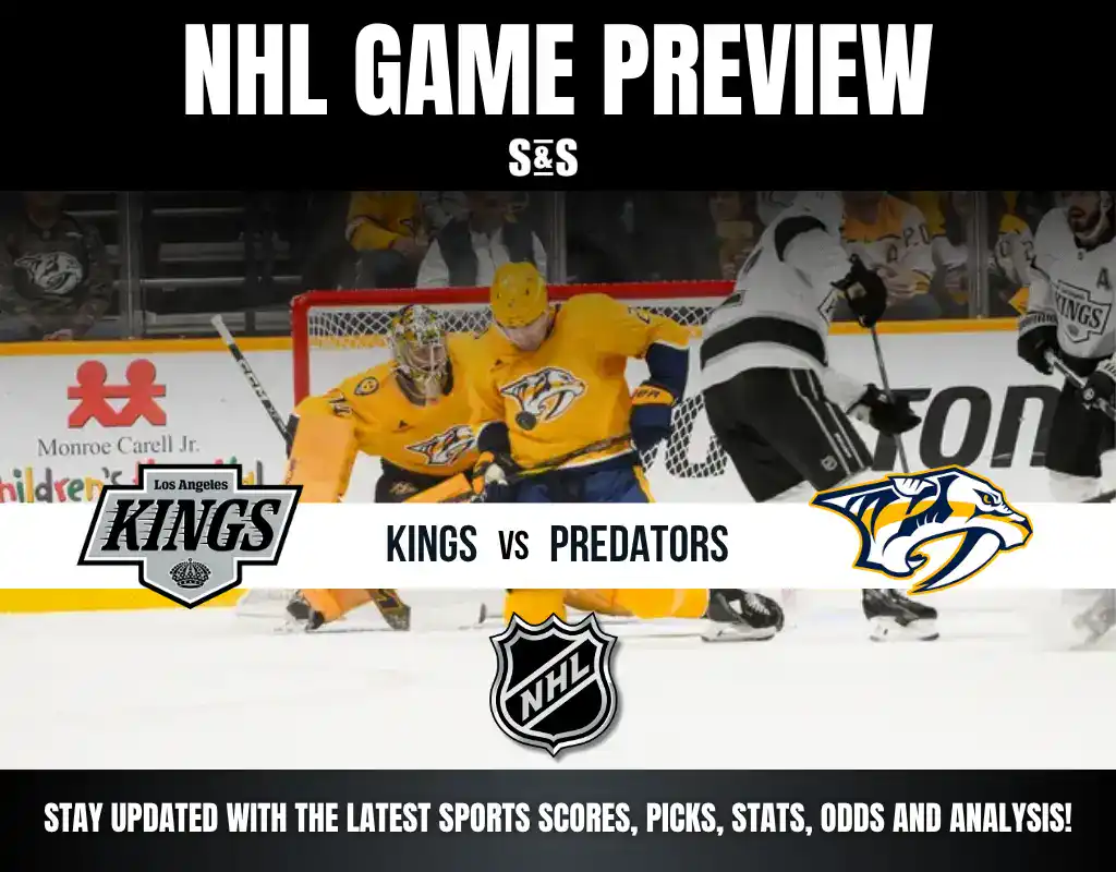 NHL game preview showing Los Angeles Kings vs Nashville Predators with players in action and team logos on ice rink background.