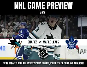 NHL Game Preview featuring Sharks vs Maple Leafs with a graphic showing the logos of both teams and an image of a player celebrating.