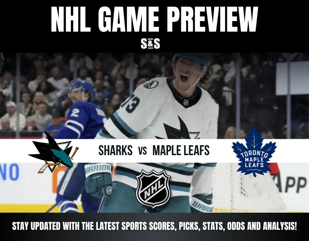 NHL Game Preview featuring Sharks vs Maple Leafs with a graphic showing the logos of both teams and an image of a player celebrating.