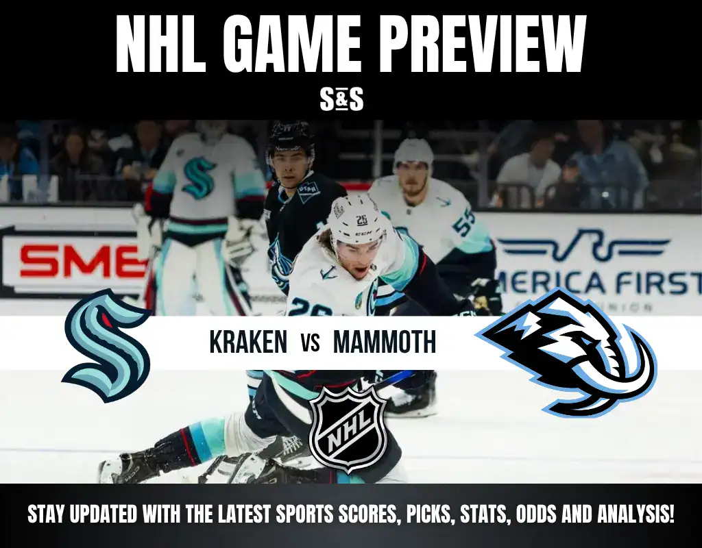 NHL game preview graphic featuring Seattle Kraken vs. San Jose Mammoth with players on ice and team logos.