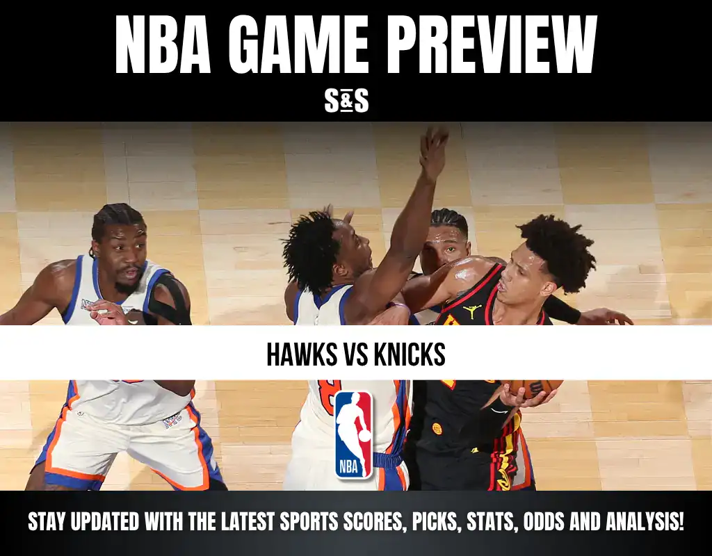 NBA game preview featuring the teams Hawks vs Knicks. The image displays players from both teams in action.