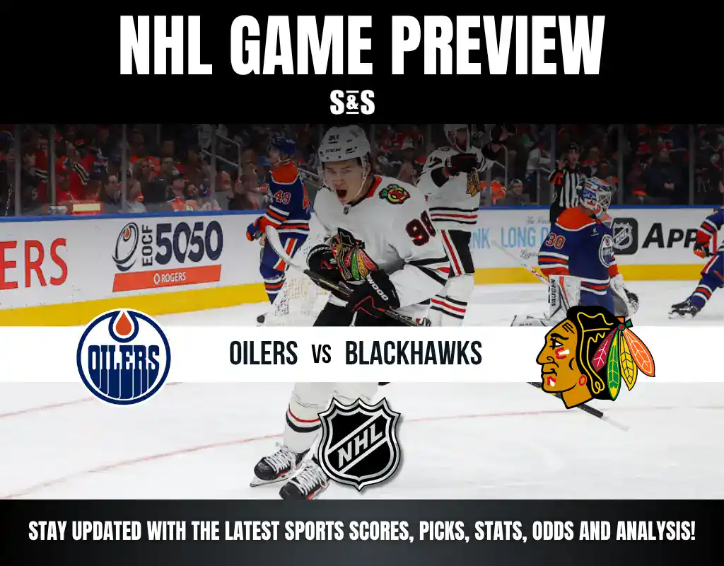 NHL game preview featuring Oilers vs Blackhawks with players on ice and logos of both teams and the NHL.