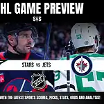 NHL game preview graphic showing Dallas Stars vs Winnipeg Jets with players facing each other on the ice.
