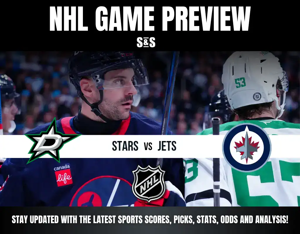 NHL game preview graphic showing Dallas Stars vs Winnipeg Jets with players facing each other on the ice.