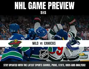 NHL game preview graphic showing Minnesota Wild vs Vancouver Canucks with players in blue and white jerseys battling on the ice.