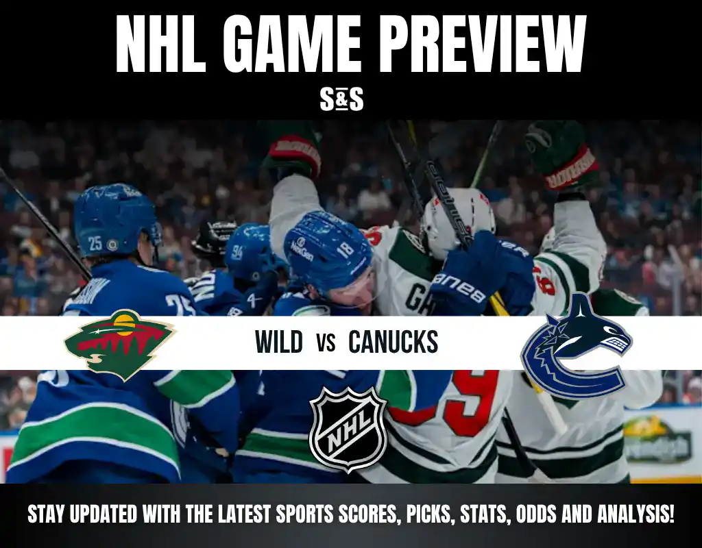 NHL game preview graphic showing Minnesota Wild vs Vancouver Canucks with players in blue and white jerseys battling on the ice.