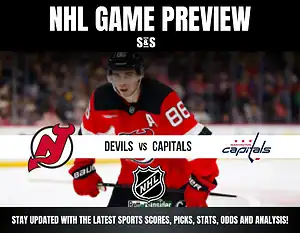 NHL Game Preview: Devils vs Capitals, with promotional text to stay updated with the latest sports, picks, stats, odds, and analysis.