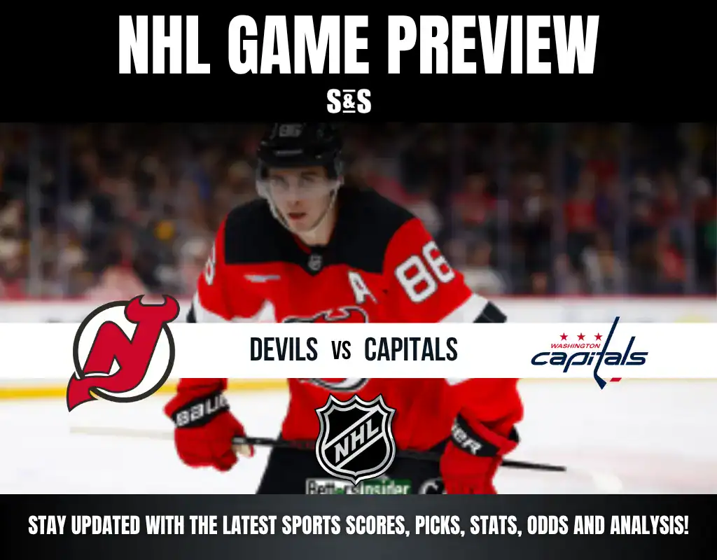 NHL Game Preview: Devils vs Capitals, with promotional text to stay updated with the latest sports, picks, stats, odds, and analysis.