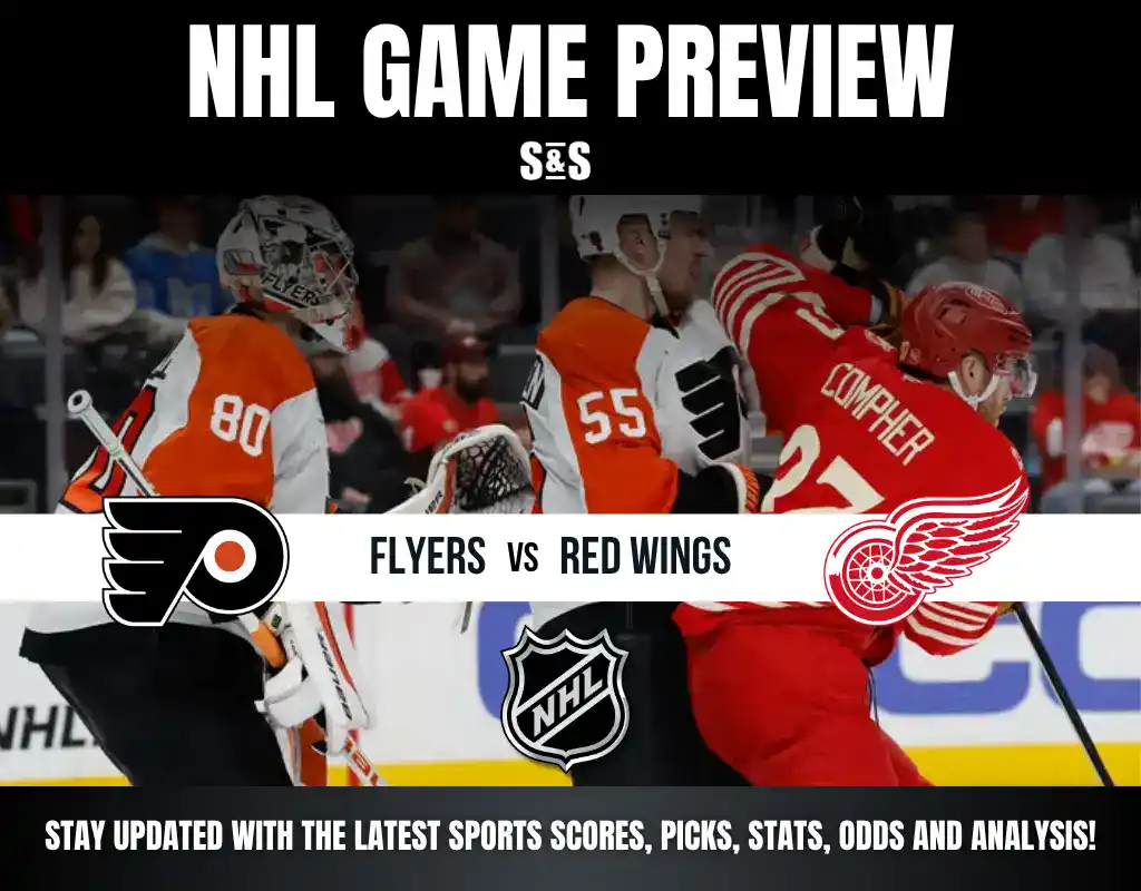 NHL Game Preview with logos for Flyers and Red Wings, featuring players in action.