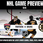 NHL game preview graphic featuring the Florida Panthers and Boston Bruins, with images of players in action and the teams' logos.