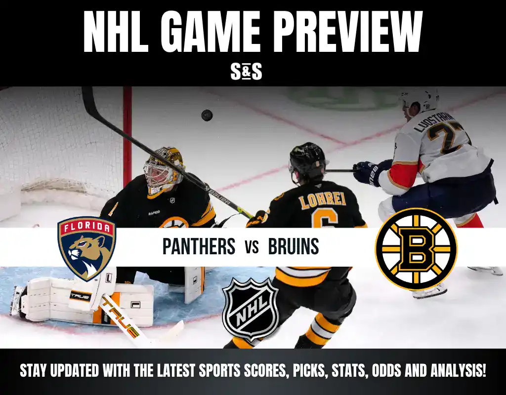 NHL game preview graphic featuring the Florida Panthers and Boston Bruins, with images of players in action and the teams' logos.