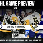 NHL Game Preview graphic featuring the logos of the Lightning and Penguins, with players in yellow jerseys and referees. The text includes "Stay updated with the latest sports scores, picks, stats, odds and analysis."