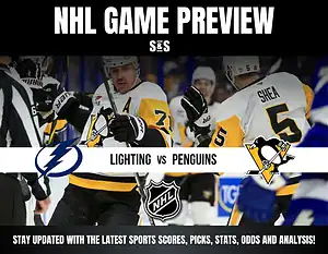NHL Game Preview graphic featuring the logos of the Lightning and Penguins, with players in yellow jerseys and referees. The text includes "Stay updated with the latest sports scores, picks, stats, odds and analysis."