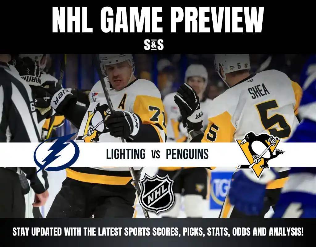 NHL Game Preview graphic featuring the logos of the Lightning and Penguins, with players in yellow jerseys and referees. The text includes "Stay updated with the latest sports scores, picks, stats, odds and analysis."