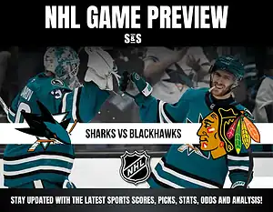 NHL Game Preview featuring Sharks vs Blackhawks, with a call to stay updated on sports scores, picks, stats, odds, and analysis.