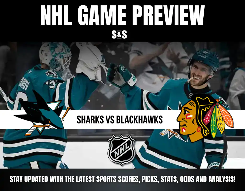 NHL Game Preview featuring Sharks vs Blackhawks, with a call to stay updated on sports scores, picks, stats, odds, and analysis.