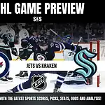 NHL Game Preview featuring the Winnipeg Jets vs Seattle Kraken, with logos and a player action shot in the background.