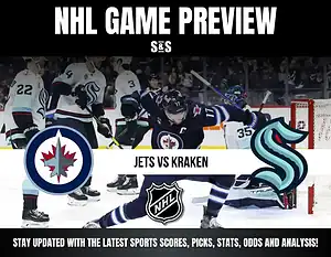 NHL Game Preview featuring the Winnipeg Jets vs Seattle Kraken, with logos and a player action shot in the background.