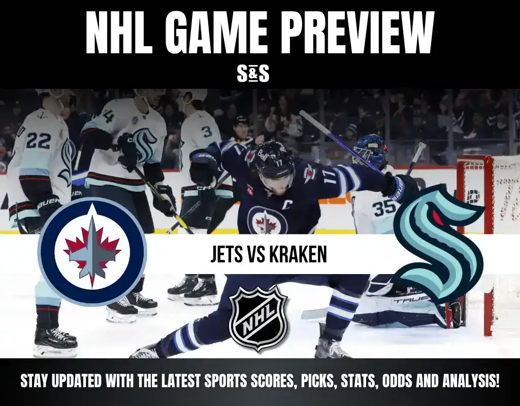 NHL Game Preview featuring the Winnipeg Jets vs Seattle Kraken, with logos and a player action shot in the background.