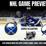 NHL Game Preview featuring Sabres vs Lighting, with players from both teams in action and a promotional banner for updates on sports scores, picks, stats, odds, and analysis.