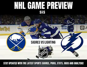 NHL Game Preview featuring Sabres vs Lighting, with players from both teams in action and a promotional banner for updates on sports scores, picks, stats, odds, and analysis.