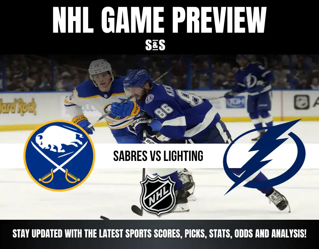NHL Game Preview featuring Sabres vs Lighting, with players from both teams in action and a promotional banner for updates on sports scores, picks, stats, odds, and analysis.
