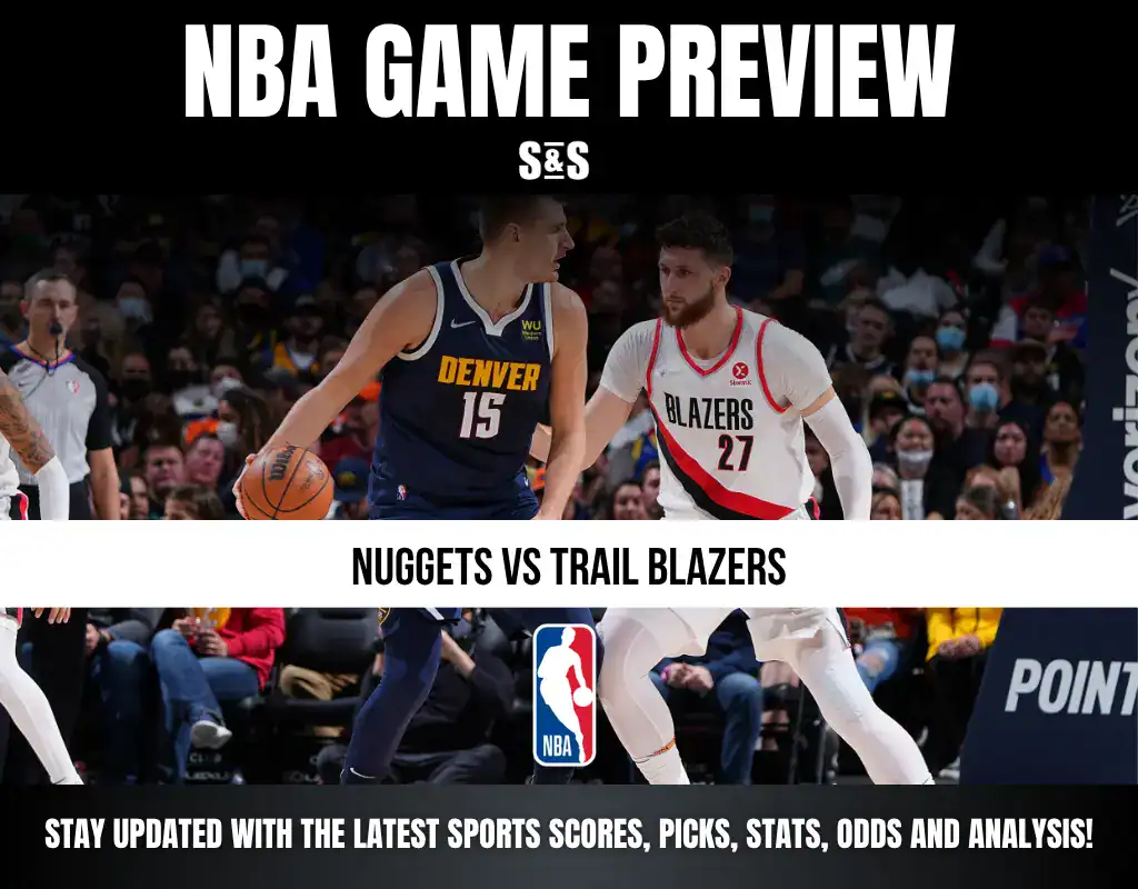 NBA Game Preview featuring Nuggets vs Trail Blazers; includes a photo of players on the court and text promoting updates on sports scores, picks, stats, odds, and analysis.