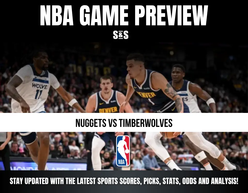 NBA game preview featuring a matchup between the Nuggets and Timberwolves, with players in action on the court.
