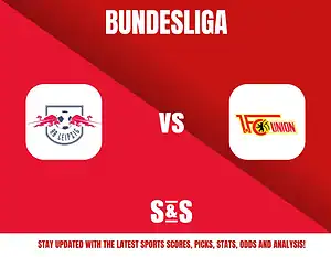 Bundesliga logo with RB Leipzig and Union Berlin logos, text indicating a matchup between the two teams, and a note to stay updated with sports scores and analysis.
