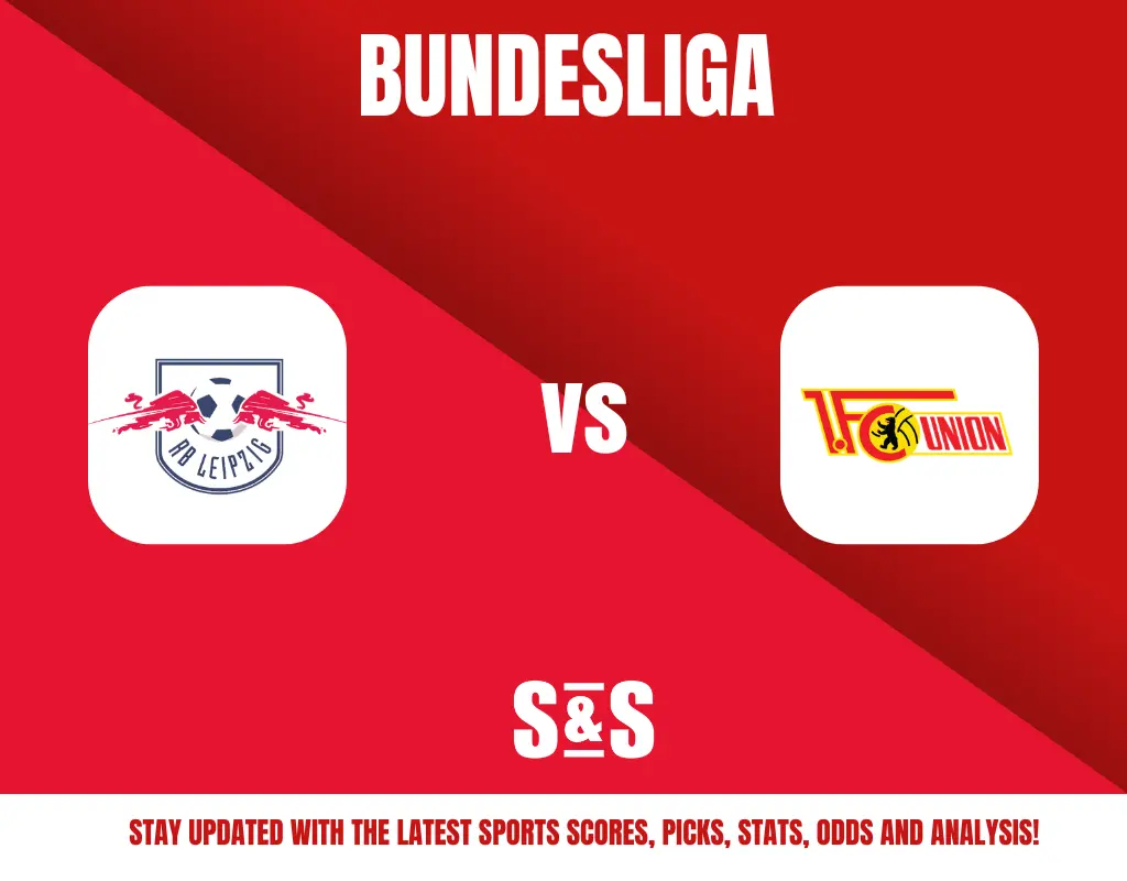Bundesliga logo with RB Leipzig and Union Berlin logos, text indicating a matchup between the two teams, and a note to stay updated with sports scores and analysis.