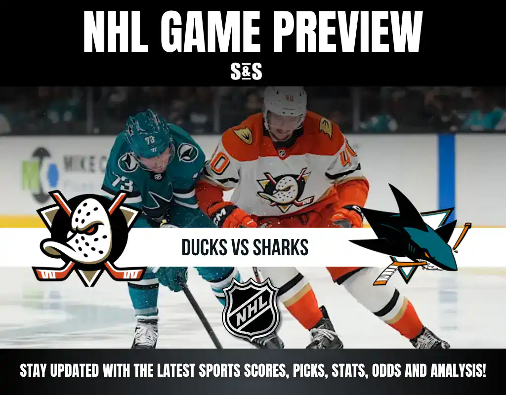 NHL game preview featuring the Ducks vs Sharks with players in action on the ice and team logos displayed.
