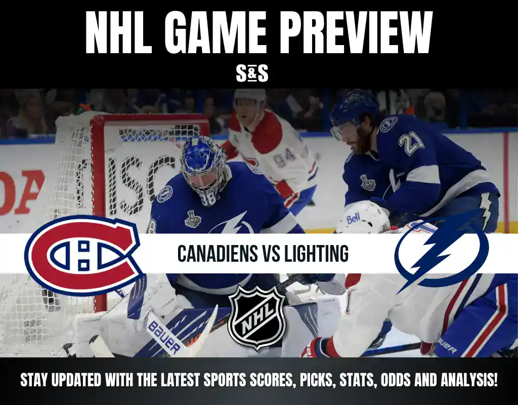 NHL game preview featuring Canadiens vs. Lightning, with logos and a promotional tagline at the bottom.