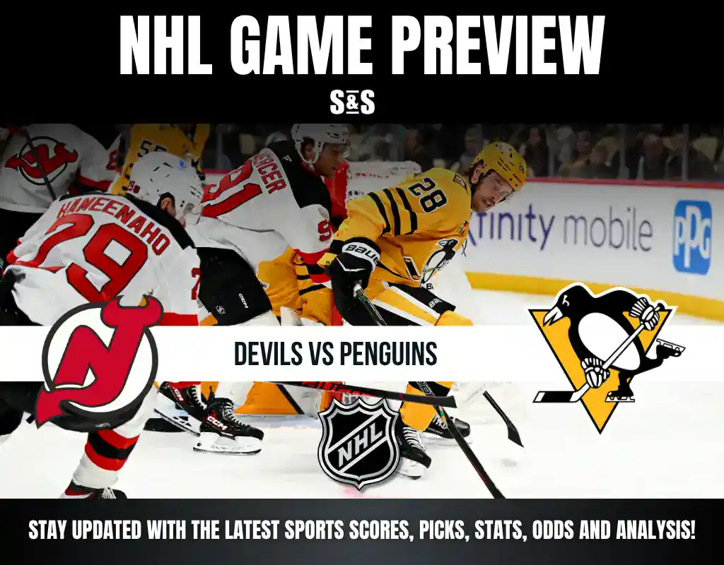 NHL Game Preview featuring the Devils vs. Penguins, with players in action on the ice and promotional text at the bottom for updates on sports scores, picks, stats, odds, and analysis.