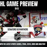 NHL Game Preview featuring Senators vs Panthers with logos of both teams, a hockey player in action, and details to stay updated on sports scores, picks, stats, odds, and analysis.