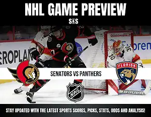 NHL Game Preview featuring Senators vs Panthers with logos of both teams, a hockey player in action, and details to stay updated on sports scores, picks, stats, odds, and analysis.