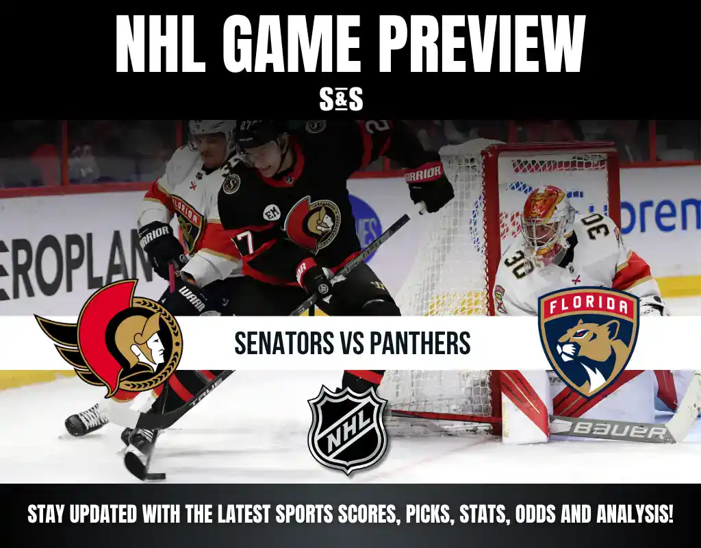 NHL Game Preview featuring Senators vs Panthers with logos of both teams, a hockey player in action, and details to stay updated on sports scores, picks, stats, odds, and analysis.
