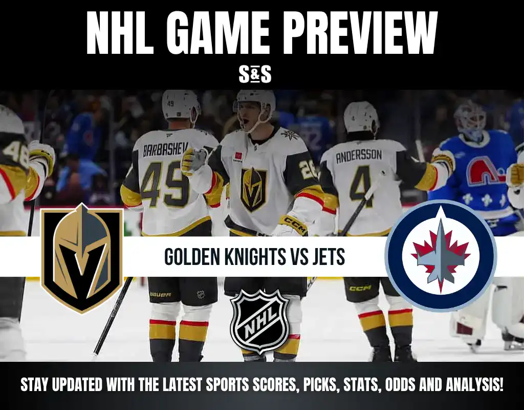 NHL game preview featuring Golden Knights vs Jets with players on ice and team logos displayed.